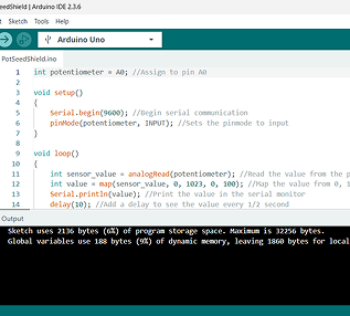 For the 3rd activity, I was tasked to integrate our Arduino with Touch Designer, and here I was trying to set up the code in Arduino IDE to connect the Arduino to Touch Designer using the template given called 'PotSeedShield'.